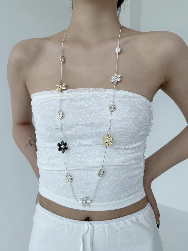 55g Weight Electroplated Gold Plating Process Golden Plated Plating Material Alloy Pendant Material Long Necklace Classification Alloy Chain Material Alloy Material Flower Pattern Trendy Bohemian Floral Metal Long Necklace Sweater Chain Waist Chain Color Block Design Elegant Unisex Jewelry Accessory 1