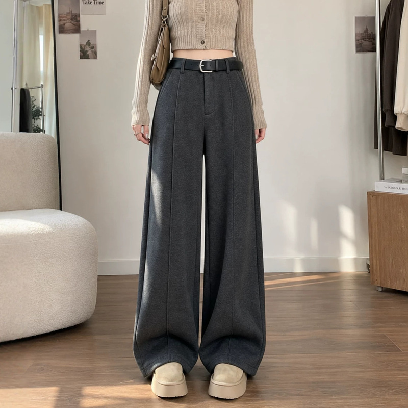 Women's wide-leg pants for autumn, high-waisted, with a flowing drape, featuring a center crease, floor-length design, thickened fabric, loose fit, and a slimming effect, resembling suit pants Women's wide-leg pants for autumn, high-waisted, with a flowing drape, featuring a center crease, floor-length design, thickened fabric, loose fit, and a slimming effect, resembling suit pants