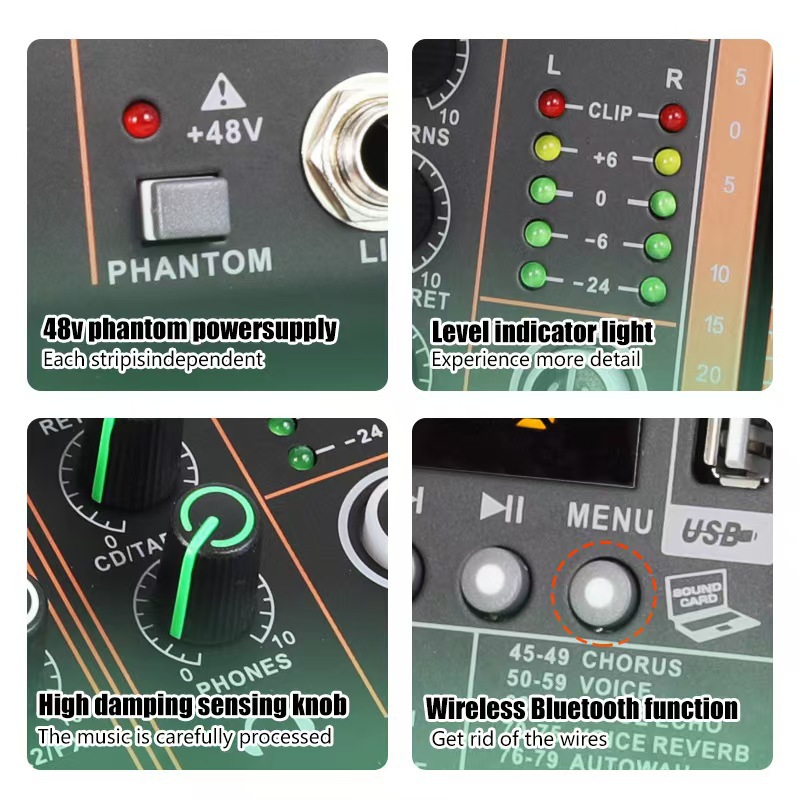 Transfronterizo de cuatro caminos mezclador pequeño tarjeta de sonido de teléfono móvil computadora Audio Mixer grabadora de efectos DSPX profesional