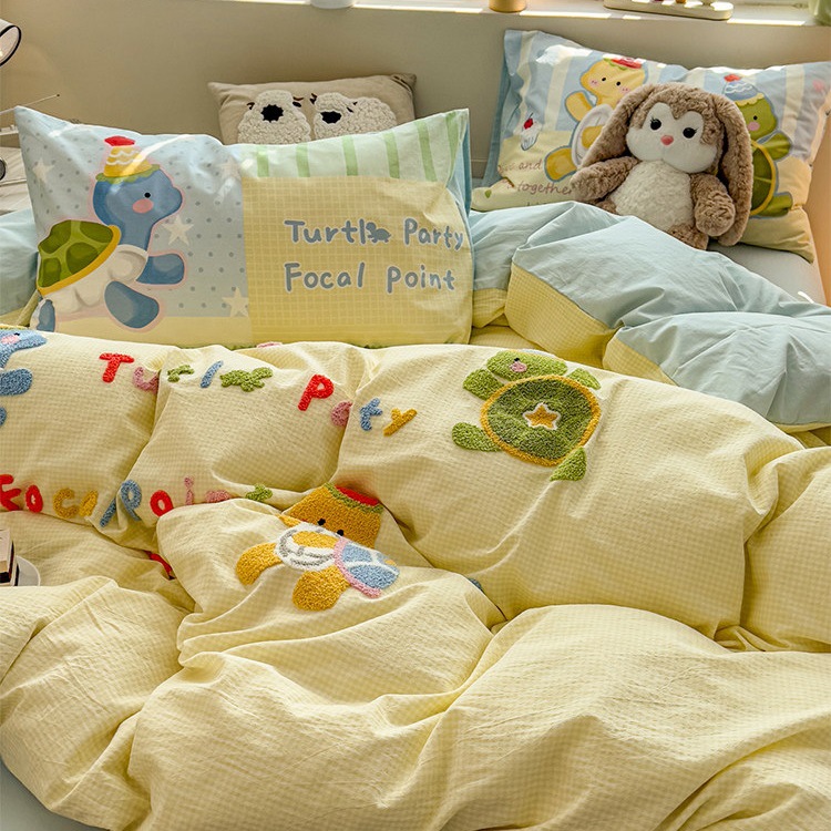 Class a Cartoon Cute Turtle Washed Cotton Bedding Four-Piece Set Pure Cotton 2026 New Model Duvet Cover Bed Sheet Fitted Sheet