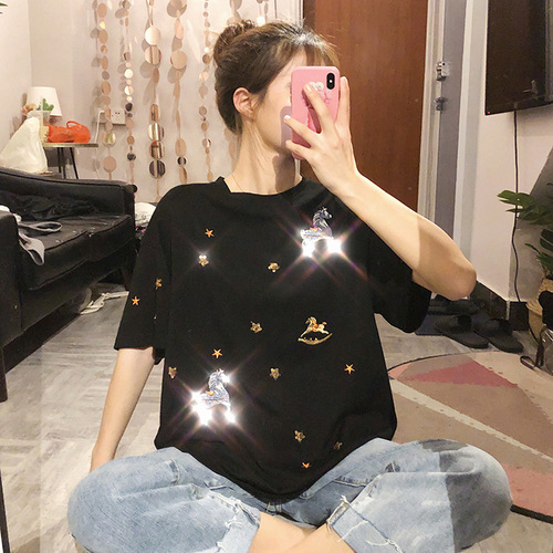 Oversized Women's Hong Kong-style Embroidered Short-Sleeve T-Shirt for Summer 2025, Instagram-Worthy Half-Sleeve Top Perfect for Students Up to 200 lbs