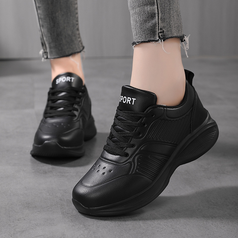 Spring and Autumn Sports Shoes for Women, Leather Surface, Waterproof, Soft Sole, Lightweight, Pure Black, Work Shoes That Won'T Make Your Feet Tired after Standing for a Long Time, Large Size, All Black Spring and Autumn Sports Shoes for Women, Leather Surface, Waterproof, Soft Sole, Lightweight, Pure Black, Work Shoes That Won'T Make Your Feet Tired after Standing for a Long Time, Large Size, All Black