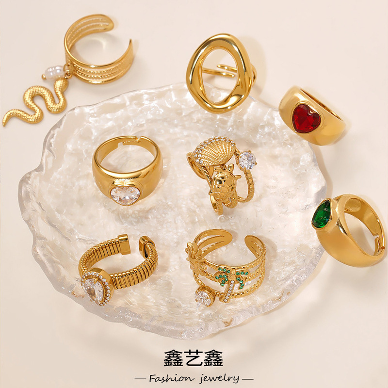 鑫艺鑫欧美跨境新款饰品5A锆石爱心开口戒指组合不锈钢18k镀真金|undefined