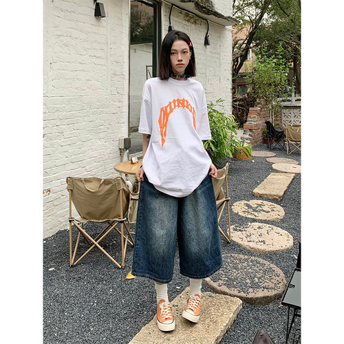 American casual loose silhouette washed retro distressed seven-quarter trendy Hong Kong style straight-leg denim seven-quarter shorts for men and women