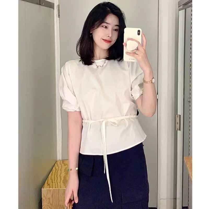 C*Os Style 2026 Summer New Standard Fit Round Neck Tie Puff Sleeve Top with Waist-Cinching Slimming Casual Shirt