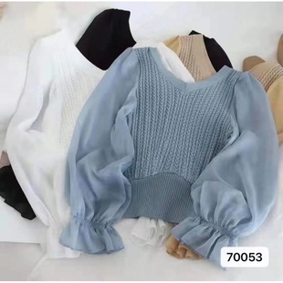 Bubble Sleeve Knitted Sweater 2022 Spring and Autumn New Korean Style Thin Women's Wear V-Neck Sweet Style Commuter Chiffon Stitching Sweater