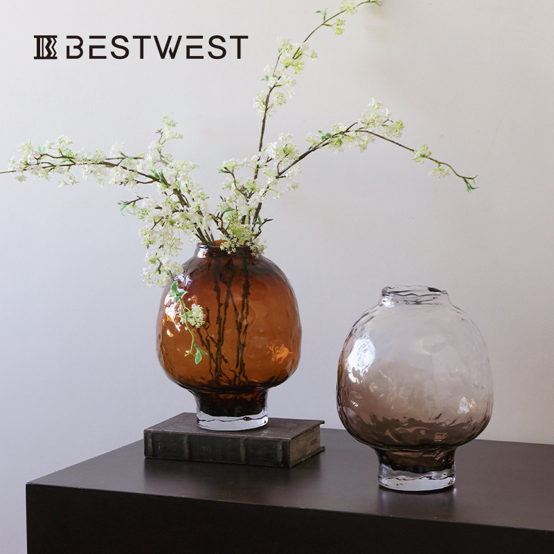 Bestwest 새로운 중국식 양각 꽃병 유리 고급 센스 꽃병 장식 꽃 배열 데스크탑 홈 장식