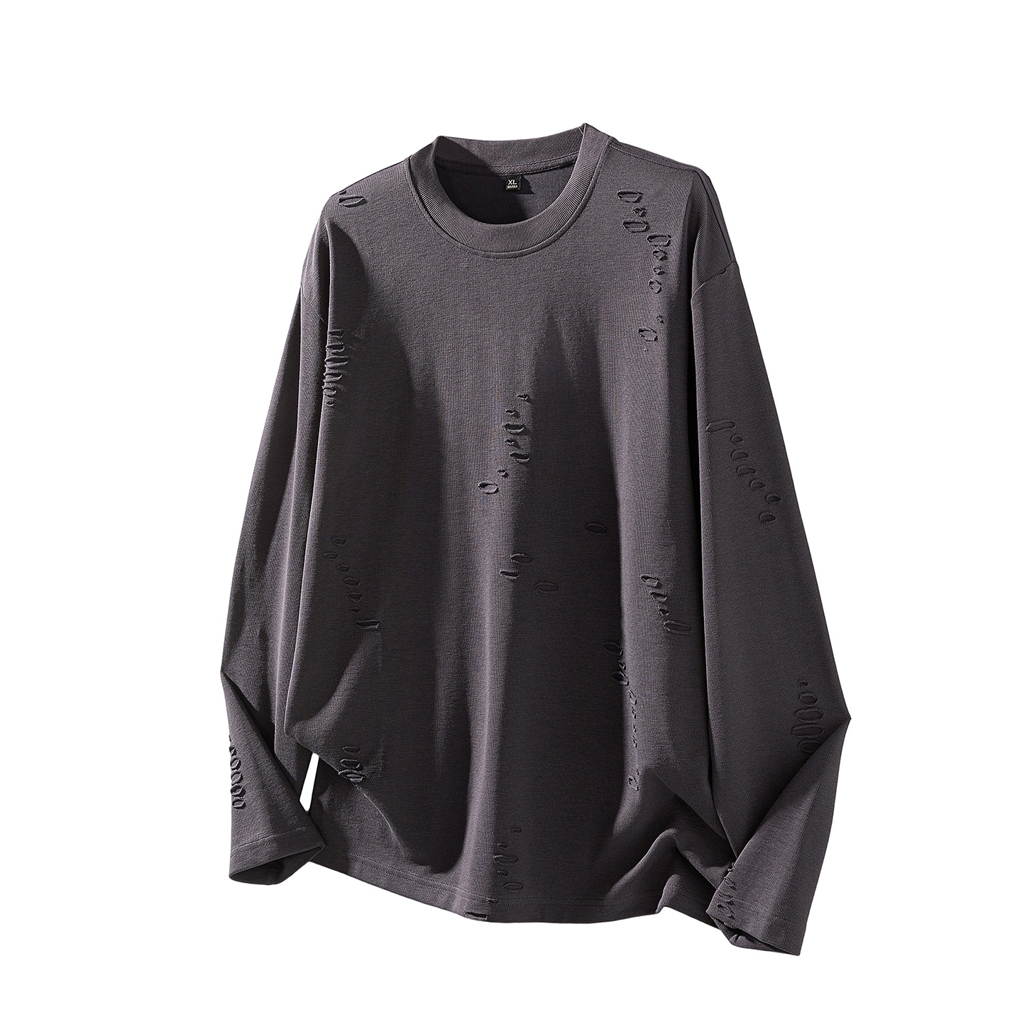 Wholesale Men's Loose Japanese Retro Faux Distressed Texture Trendy Brand Tops 2025 Autumn and Winter Round Neck Long Sleeve T-Shirt Control