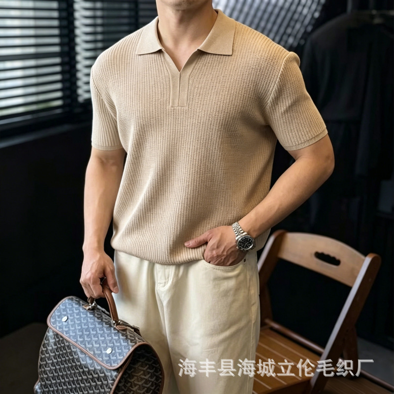 Summer New Style Old Money Style Knitwear Men's Short-Sleeved Lapel Solid Color Jacquard Lightweight Breathable Versatile Loose Half-Sleeve Summer New Style Old Money Style Knitwear Men's Short-Sleeved Lapel Solid Color Jacquard Lightweight Breathable Versatile Loose Half-Sleeve