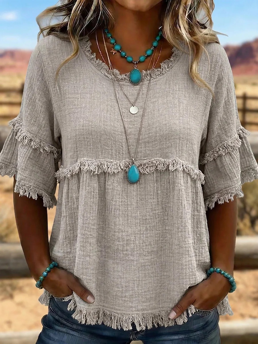 Camicetta retro da donna con frange texture e girocollo_voghion.com