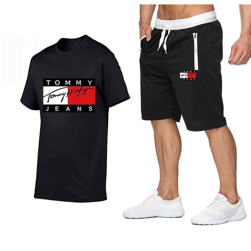 2023 외국 무역 새로운 여름 남자의 해변 바지 캐주얼 패션 반바지 5 스포츠 캐주얼 티셔츠 세트