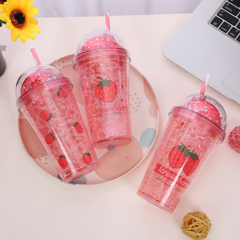 Plastic Straw cup strawberry Ice Cup Double Cup ins girl Readily Cup Manufactor wholesale