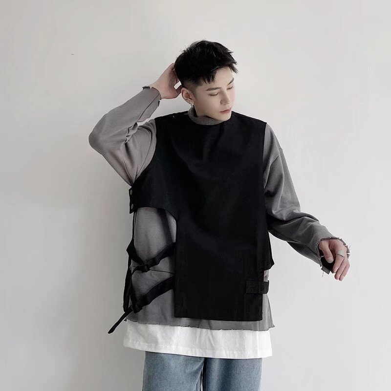 2025 verano nuevo estilo de estilo de Hong Kong personalidad hip-hop multifunción irregular empalme chaleco sin mangas hombro de la moda estudiantil
