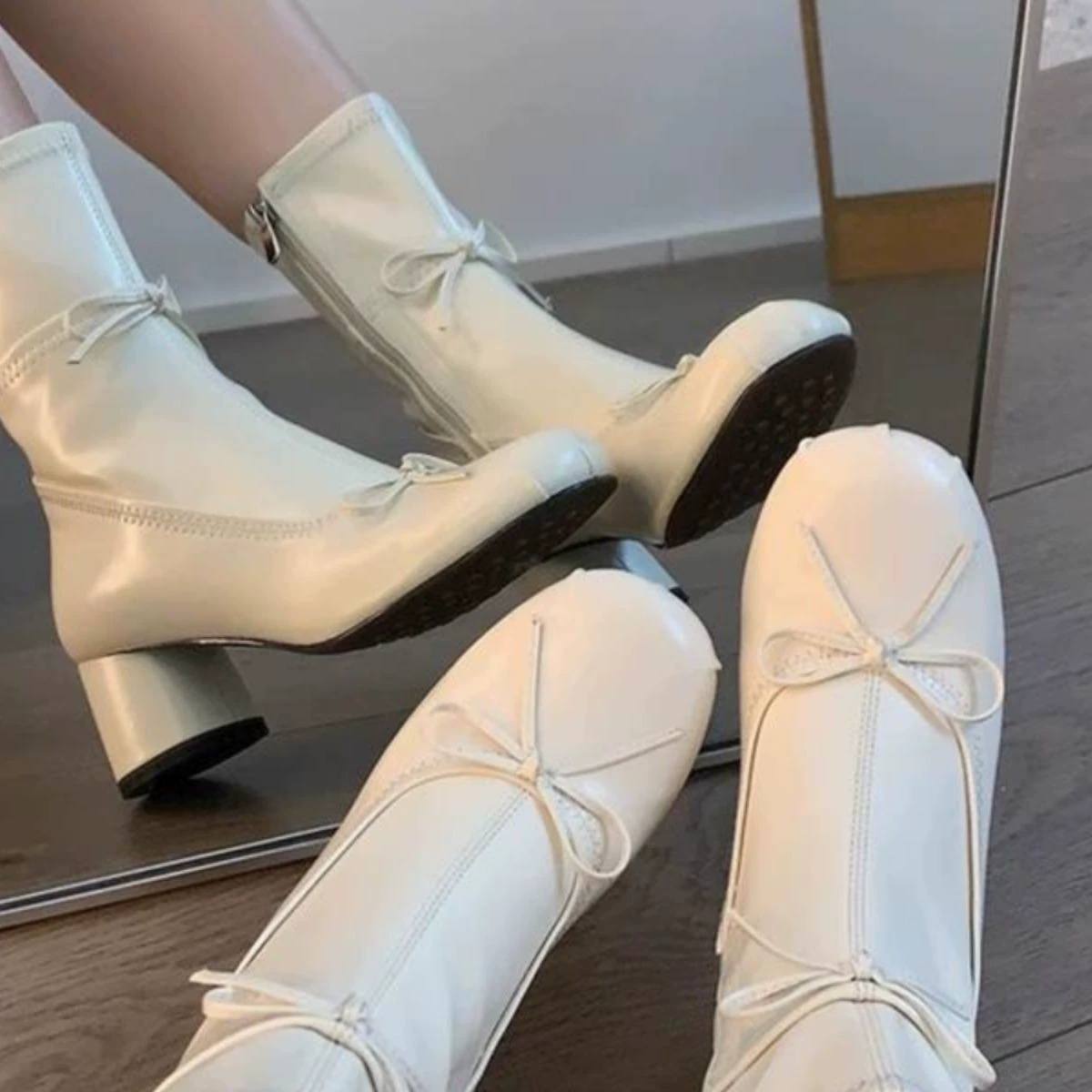 Низкие ботильоны (Martens), эластичная голень с бантом, низкий устойчивый каблук