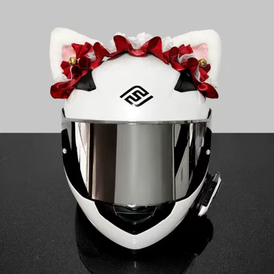 Motosiklet dəbilqələri — cat ears motorcycle decorations - free-size-white-ears-red-ribbon-with-white-tail