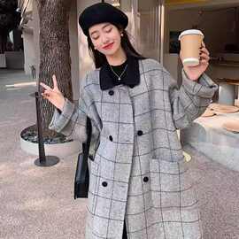 大格纹复古设计感呢子大衣外套中长款秋冬季人字纹时尚毛呢外套女