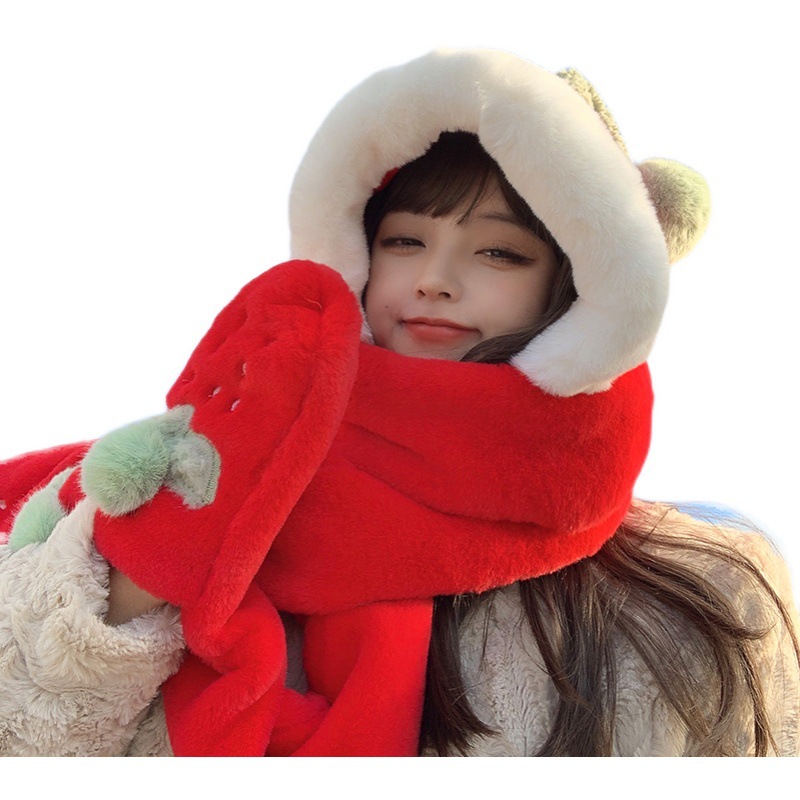 Cappello di Natale per bambini, dolce e carino, sciarpa e guanto di peluche alla fragola, in un unico pezzo, peluche invernale, addensamento caldo tre_voghion.com
