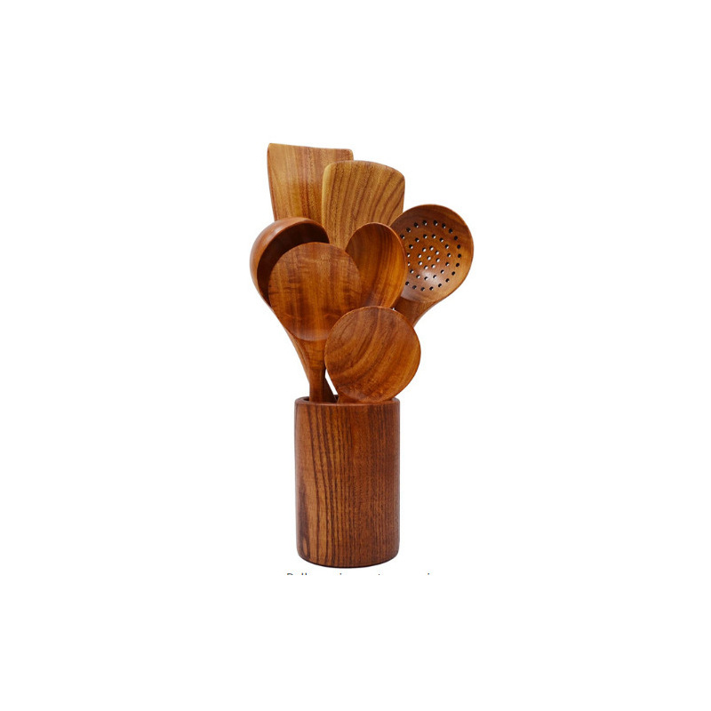 Juego de cocina de teca, cuchara de pala de madera maciza, tenedor, sartén antiadherente, utensilios de cocina de madera de acacia, espátula de mango largo, juego de cocina de 9 piezas