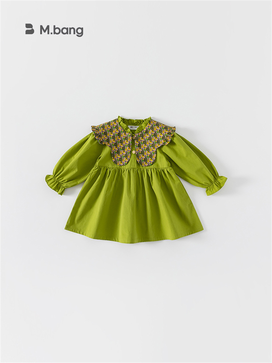 Ropa infantil Youbao, vestido de primavera y otoño estilo coreano para niñas, vestido verde aguacate con estampado floral y solapa grande, vestido para bebés pequeños 2026