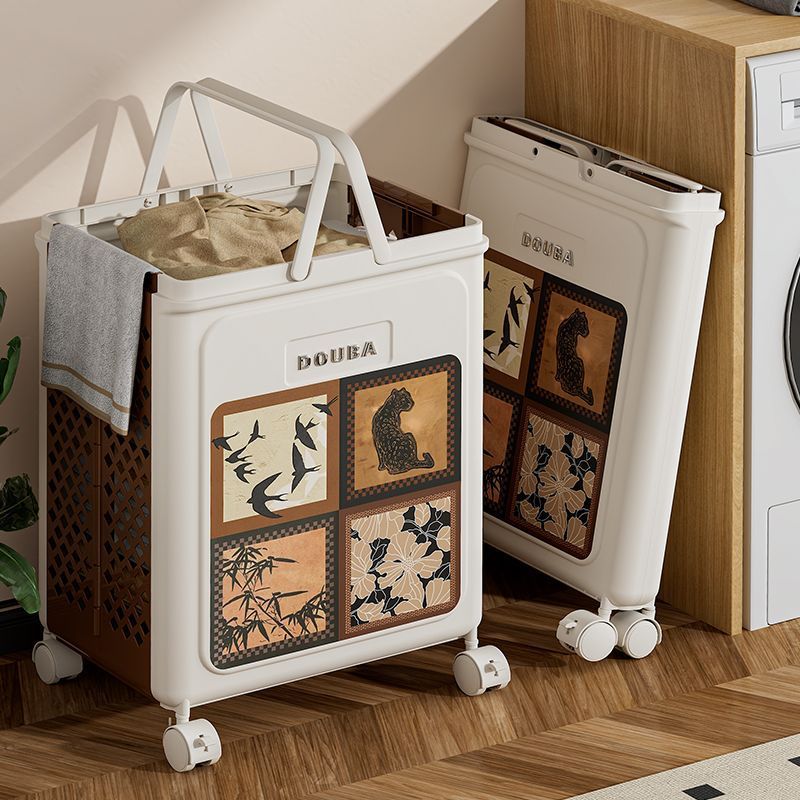 L0V Dirty Clothes Basket Household Laundry Basket with Wheels Foldableable Bathroom Bath Dirty Clothes Storage Basket Bucket Bathroom