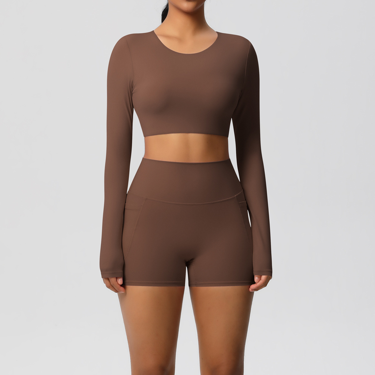 Transfronterizos europeos y estadounidenses de color sólido de doble cara nylon molido con peito conjunto de ropa deportiva de ejercicio de dos piezas conjunto de mujeres