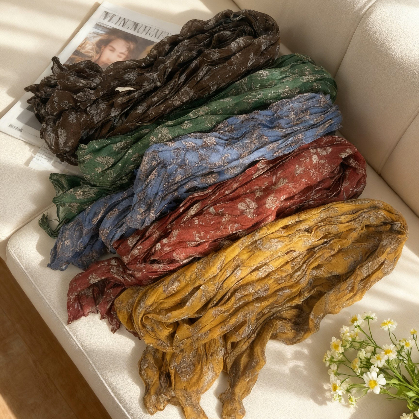 Antique Flower Lazy Small Floral French Romantic Elegant Age-Reducing Cotton and Linen Pleated Silk Scarf Scarf for Women Autumn and Winter Scarf