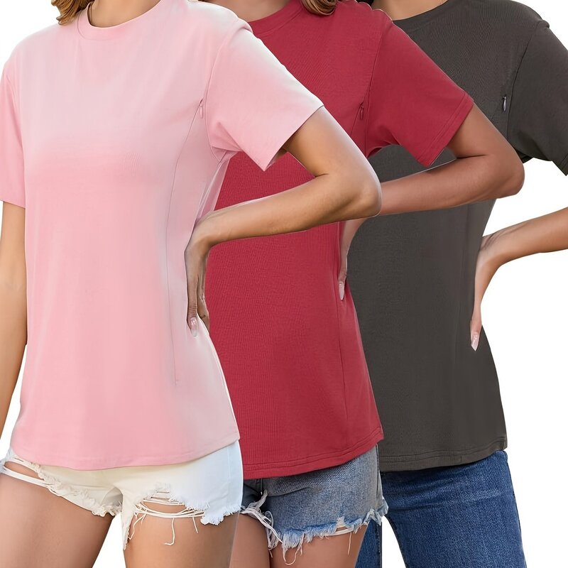 授乳用隠しボタン付きレディース授乳シャツ3枚組|undefined