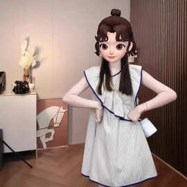 条纹小飞袖连衣裙女夏季2025新款韩系荷叶边不规则无袖娃娃衫裙子