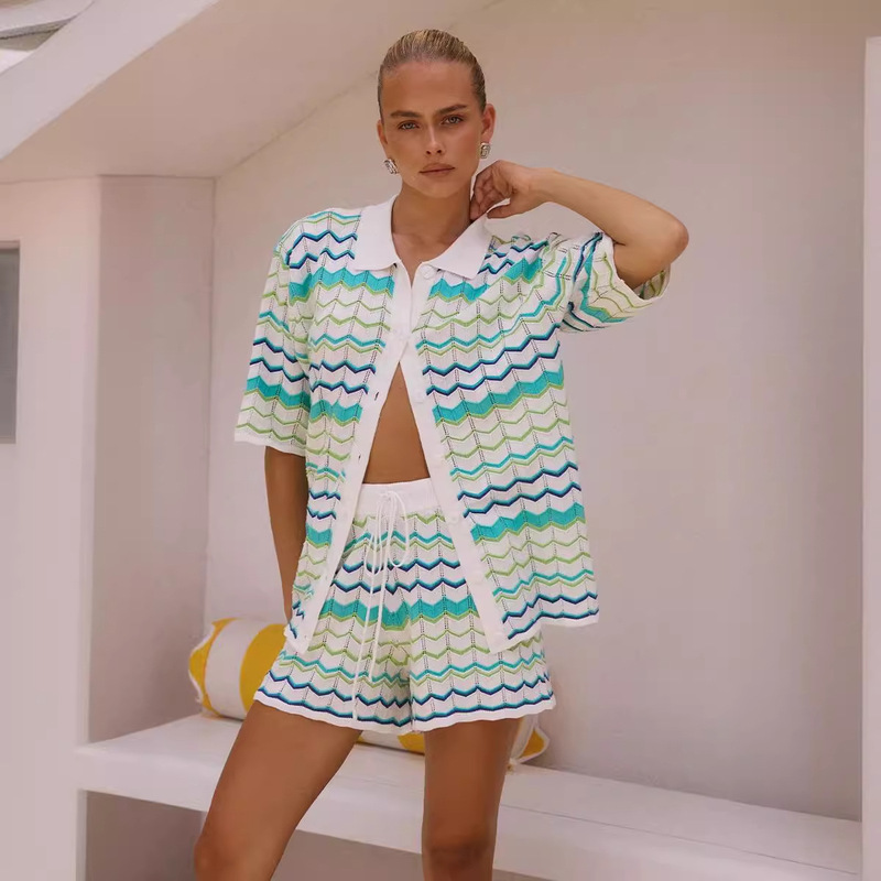 Contrast Stripesd Knitted Casual Suit 2024 New European and American Cross-border Cardigan Short-sleeved Shorts Sweater Suit Women's Clothing
