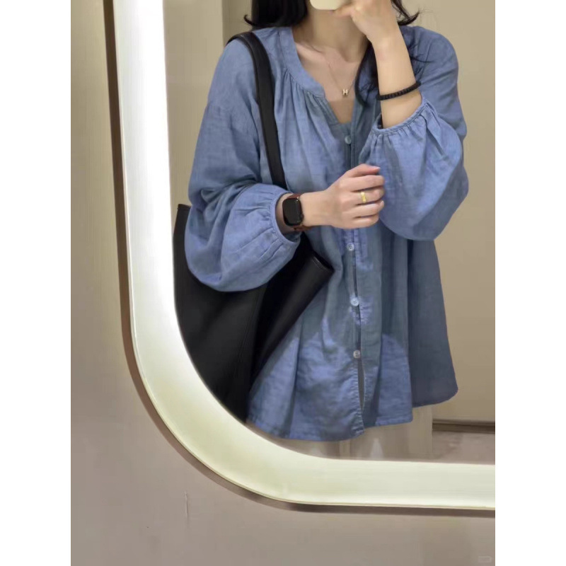 Artistic and Gentle Relaxed Vibe V-Neck Lantern Sleeve Shirt for Women, Summer Commute Versatile Loose Casual Lazy Style Top