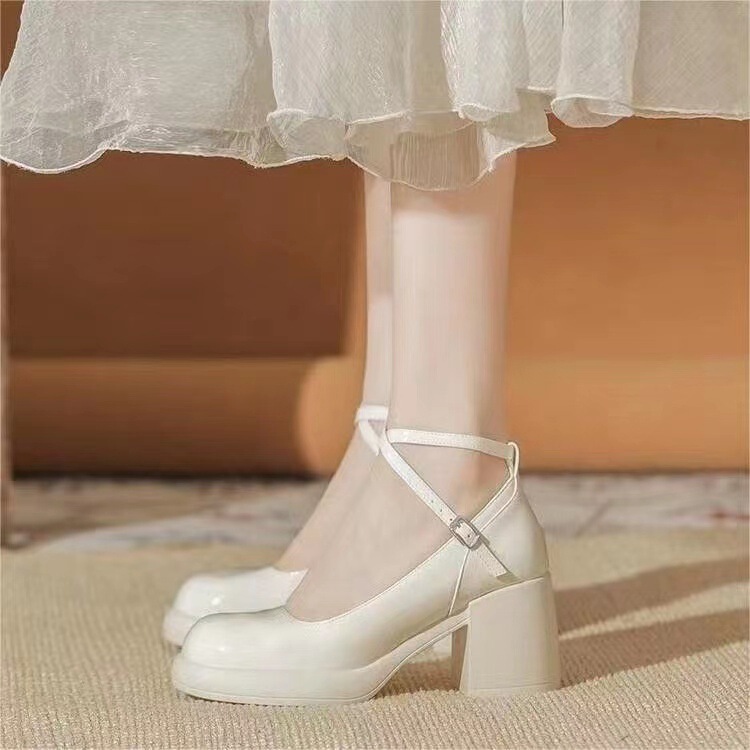 French Genuine Leather Mary High Heels, Rough Shoes, 2024 New Cross Retro Strap Single Shoe Buckle