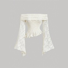 ZT7235 优雅蕾丝一字领喇叭袖收腰短款上衣