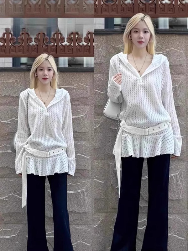 Transparent Thin Long-Sleeved French Ruffled Hooded Sun Protection Sweater Women's Summer Loose Shirt White Hollow Top