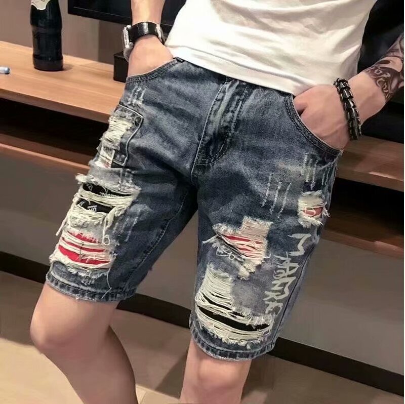 Men's Ripped Denim Shorts Korean Fashionable Summer Thin Straight Beggar Scraped Five-Fit All-Match Medium Pants