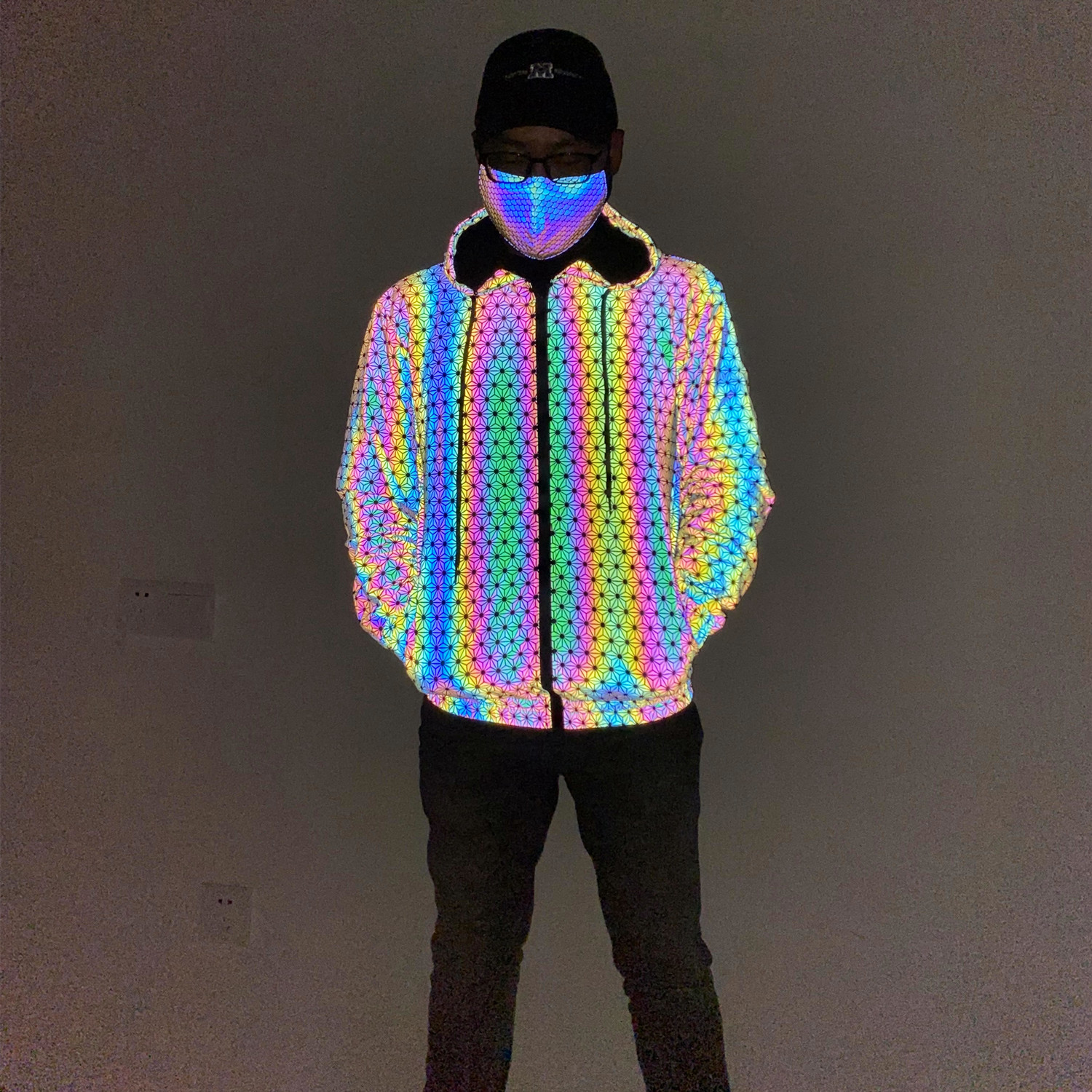 Men's Clothing new geometric pattern colorful reflective jacket men knitted breathable rainbow color luminous jacket men's clothing_voghion.com