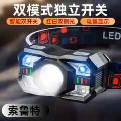 多機能誘導ヘッドライト、強力な光、長距離ヘッドマウント屋外キャンプ釣り照明、充電式赤色光警告灯