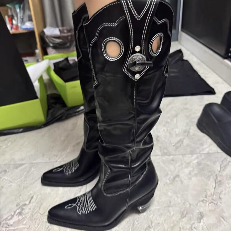 Dark Brown Soft Leather Cowboy Boots for Women, Height-Increasing High-Heeled Long Boots, Hollow-Out Vintage Boots, Slip-On Retro Boots with Metal Decoration