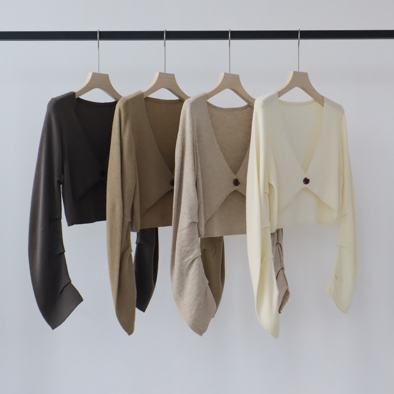 Autumn new design sense niche cuff pinch pleated wool blended sweater cardigan shawl women's waistcoat outer wear