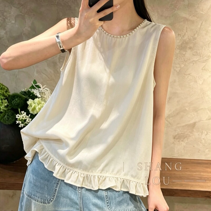 French-Style Silk Velvet Top with Ruffle Hem Design, Hand-Beaded Neckline, Small A-Line Versatile Shirt for Summer French-Style Silk Velvet Top with Ruffle Hem Design, Hand-Beaded Neckline, Small A-Line Versatile Shirt for Summer