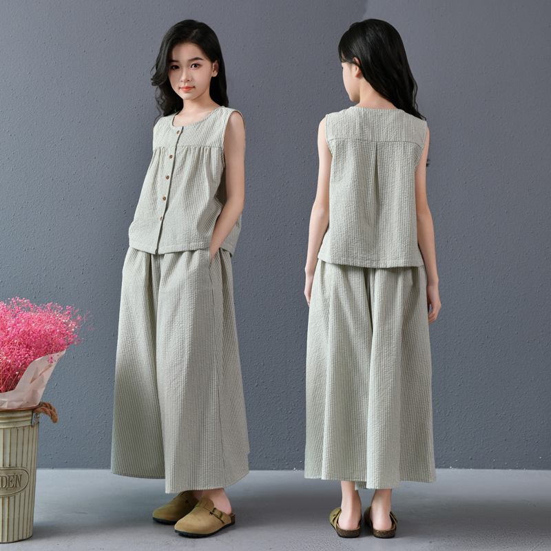 Traje de verano para niñas sin mangas pantalones anchos sueltos culottes de dos piezas verano fresco arte culottes casual a rayas