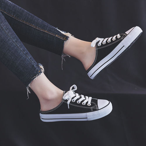 Women's 2024 Summer Han Style Student Flat Slip-on Canvas Shoes, No Heel, Semi-Slip On, Versatile Low Top Sneakers