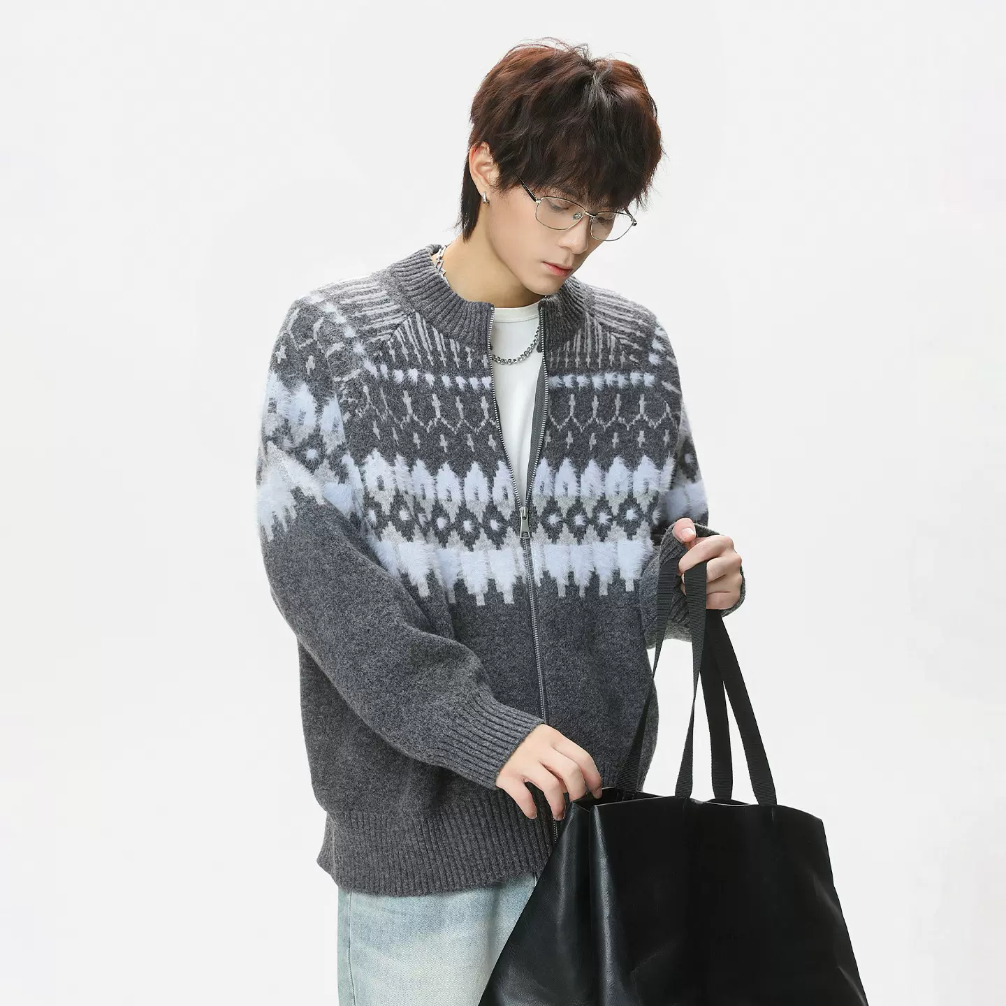 费尔岛开衫毛衣男秋冬款质感复古仿貂毛民族风软糯肌理针织衫外套