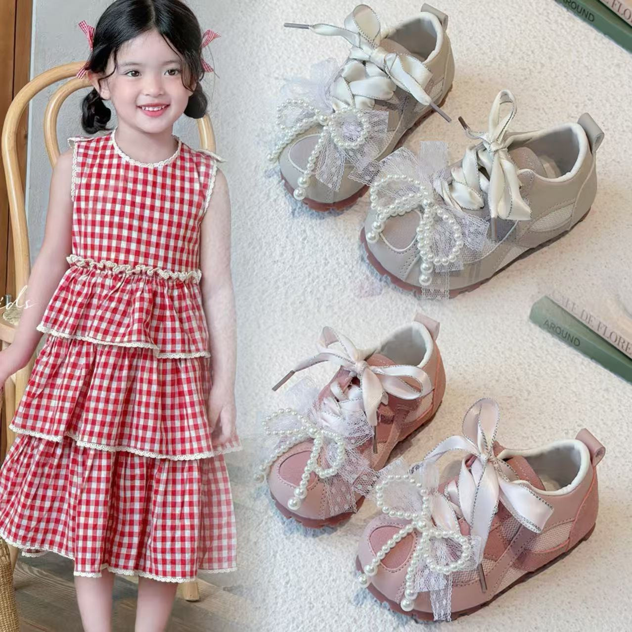 女童公主2025年春秋季新款洋气珍珠德训蝴蝶结女孩儿童休闲运动鞋