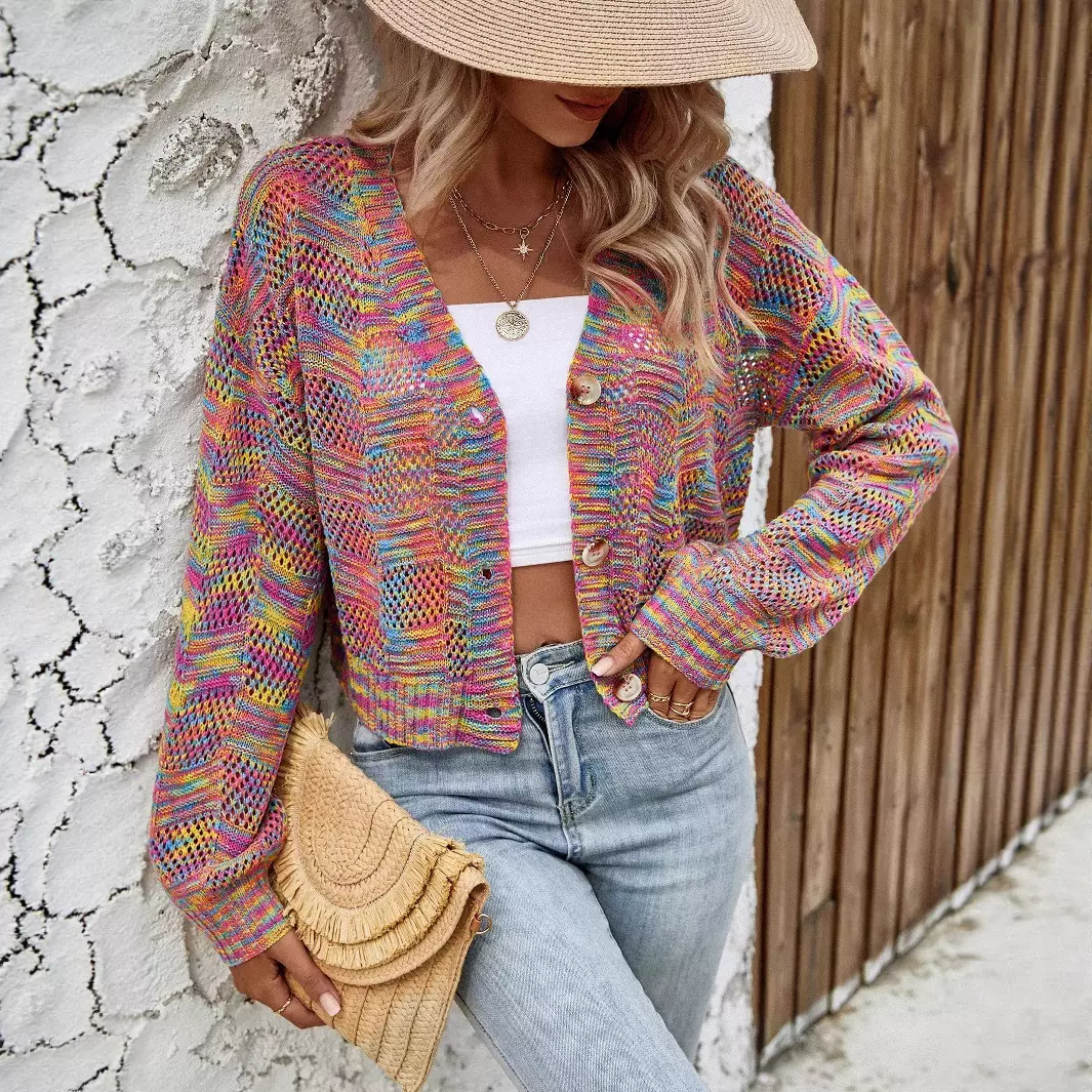 欧美彩色混织V领针织开衫短款镂空度假风外套休闲百搭沙滩毛衣女