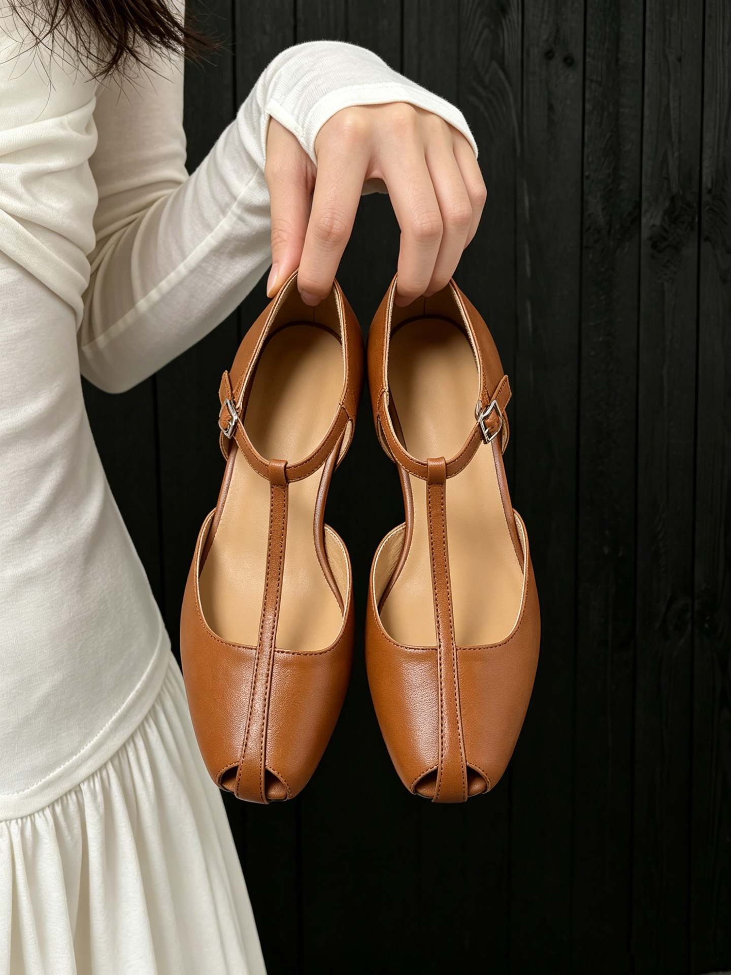Sandal nữ cao gót phong cách Pháp cổ điển, quai chữ T, gót xuồng, mũi hở — màu nâu chi tiết 15