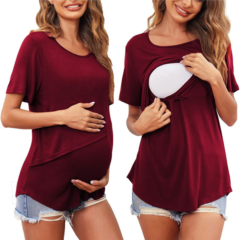 アマゾン2023欧米夏妊婦純色丸首半袖授乳出産後看護上着tシャツ|undefined