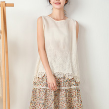 2021夏韩国背心日系甜美棉麻吊带森女系镂空拼接宽松纯色圆领上衣