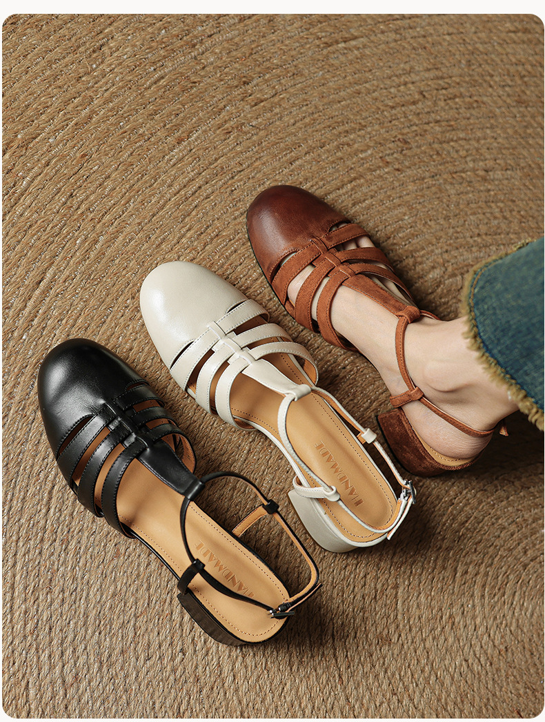Sandal nữ da bò dệt rỗng mũi hở gót thô cao phong cách La Mã — màu nâu chi tiết 7