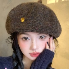 美拉德咖色针织贝雷帽女秋冬季显脸小大头围保暖百搭云朵画家帽子