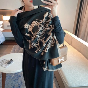 Japanese and Korean autumn and winter cashmere scarf women H letter carriage orange thick large size shawl AliExpress supply wholesale